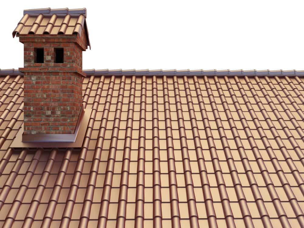 Roof with flashing around chimney