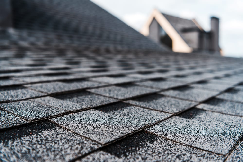 Close-up of gray shingles on roof