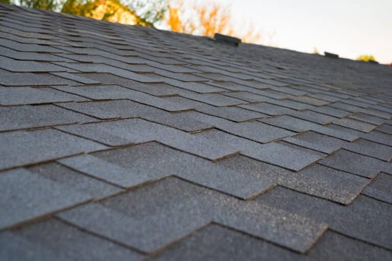 Close-up of roof shingles, gray color