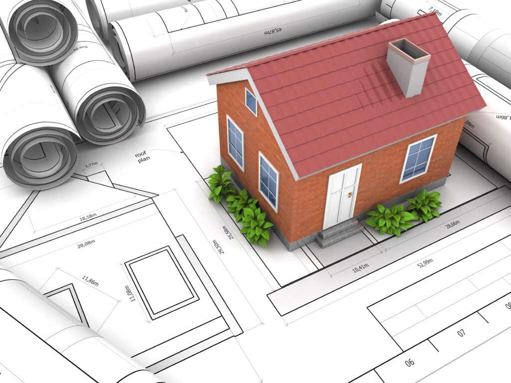 Graphic illustration of home atop blueprints