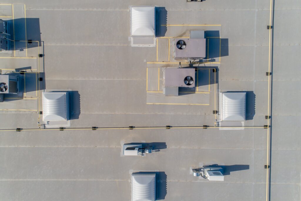 Overhead view of HVAC system on commercial roof