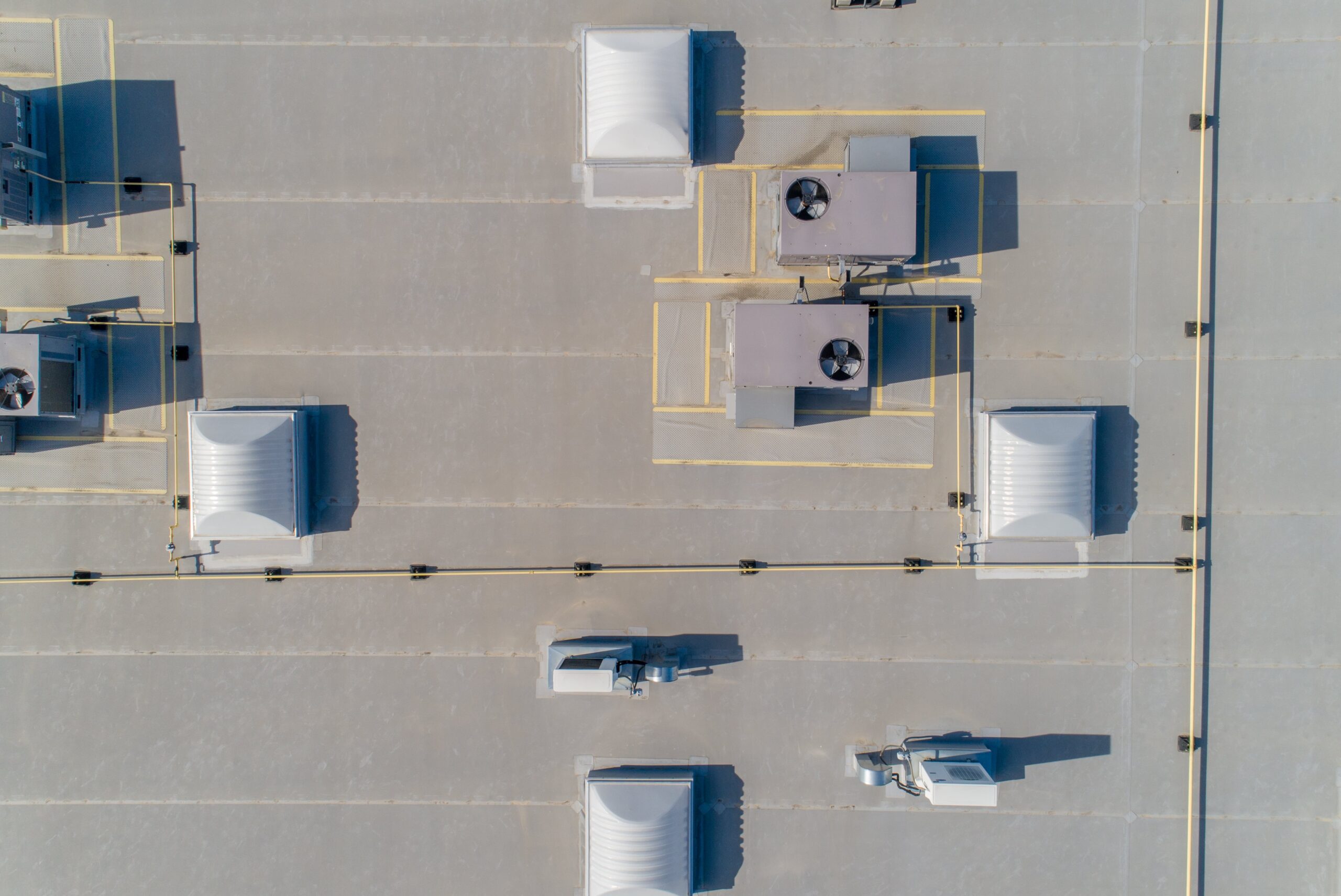Overhead view of HVAC system on commercial roof