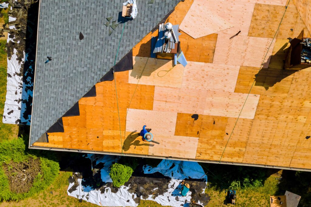 Overhead shot of roof being replaced