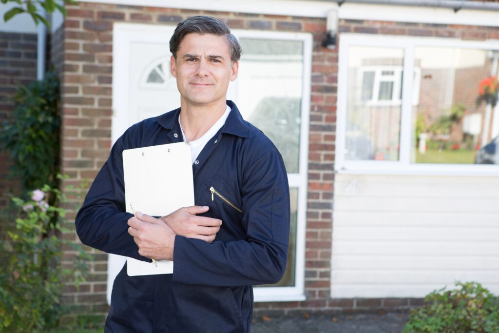 Contractor holding clipboard in front of house, portrait